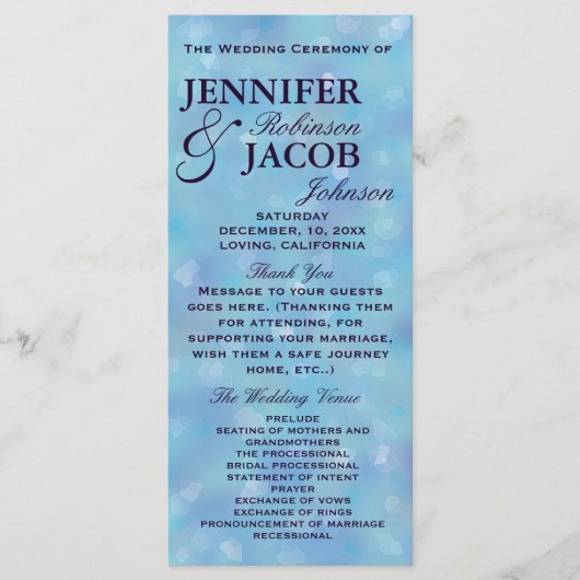 ティール(緑がかった色)ブルーとパープル結婚式 プログラム (正面)