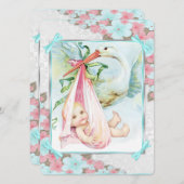 ティール（緑がかった色）ブルーとピンクのコウノトリ赤ちゃんシャワー 招待状 (正面/裏面)