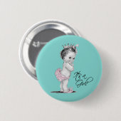 ティール（緑がかった色）ブルーとピンクのプリンセスその女の子ボタン 缶バッジ (正面&裏面)