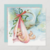 ティール(緑がかった色)ブルーとピンクのヴィンテージストークベイビーシャワー 招待状 (正面/裏面)