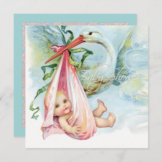 ティール（緑がかった色）ブルーとピンクのヴィンテージストークベイビーシャワー 招待状 (正面/裏面)