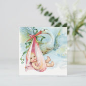 ティール(緑がかった色)ブルーとピンクのヴィンテージストークベイビーシャワー 招待状 (スタンド正面)