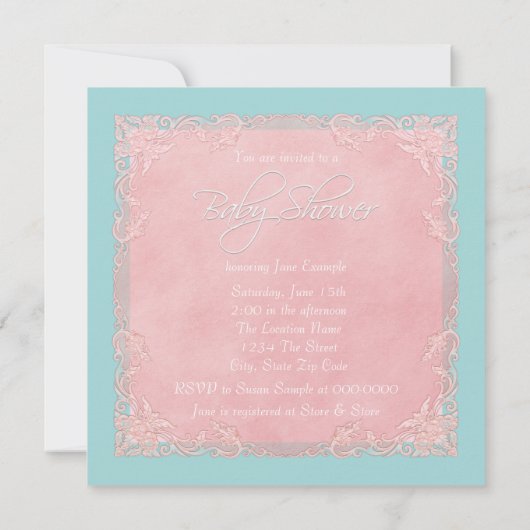 ティール（緑がかった色）ブルーとピンクのヴィンテージストークベイビーシャワー 招待状 (裏面)