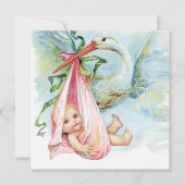 ティール（緑がかった色）ブルーとピンクのヴィンテージストークベイビーシャワー 招待状 (正面)