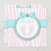 ティール(緑がかった色)ブルーとピンクの足跡ベビーガールシャワー 招待状 (正面/裏面)