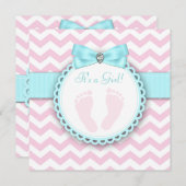 ティール(緑がかった色)ブルーとピンクの足跡ベビーガールシャワー 招待状 (正面/裏面)