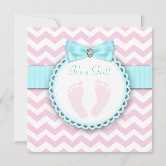 ティール(緑がかった色)ブルーとピンクの足跡ベビーガールシャワー 招待状 (正面)