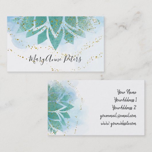 ティール(緑がかった色)ブルーとフェイクグリッターデコールロータス 名刺 (正面/裏面)