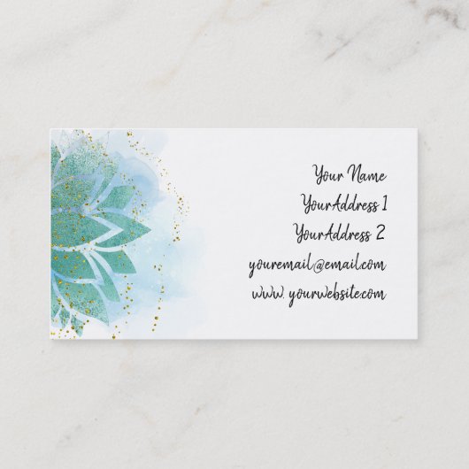 ティール(緑がかった色)ブルーとフェイクグリッターデコールロータス 名刺 (裏面)