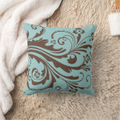 ティール（緑がかった色）ブルーとブラウンカントリーフローラ クッション (ブランケット)