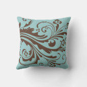 ティール（緑がかった色）ブルーとブラウンカントリーフローラ クッション (裏面)