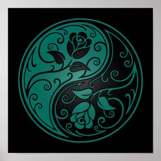 ティール（緑がかった色）ブルーとブラックの陰陽バラ ポスター (正面)
