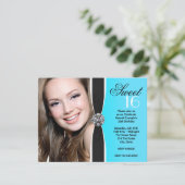 ティール（緑がかった色）ブルーとブラックフォトバースデーパーティー 招待状 (スタンド正面)