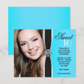 ティール（緑がかった色）ブルーとブラックフォトバースデーパーティー 招待状 (正面/裏面)