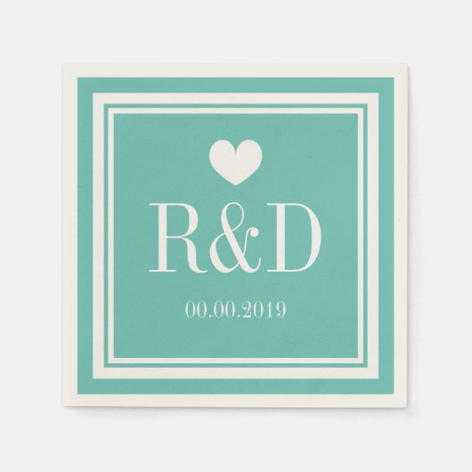 ティール（緑がかった色）ブルーとベージュ色モノグラム結婚紙のナプキン スタンダードカクテルナプキン (正面)