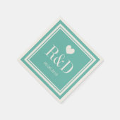 ティール（緑がかった色）ブルーとベージュ色モノグラム結婚紙のナプキン スタンダードカクテルナプキン (角)