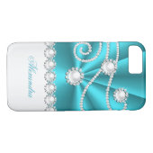 ティール(緑がかった色)ブルーとホワイトダイヤフェイクモンドの宝石 Case-Mate iPhoneケース (裏面(横))