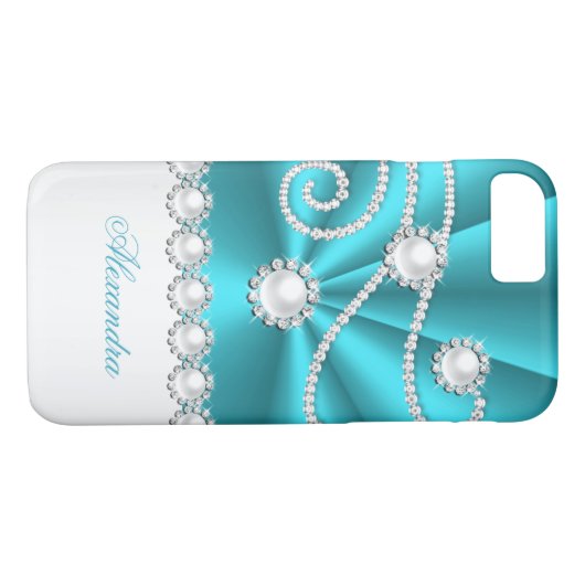 ティール(緑がかった色)ブルーとホワイトダイヤフェイクモンドの宝石 Case-Mate iPhoneケース (裏面(横))