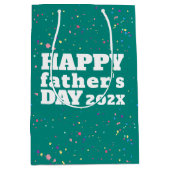 ティール（緑がかった色）ブルーとホワイトファーザーの日絵を描（ばちゃばちゃ）跳ねる ミディアムペーパーバッグ (正面)