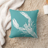 ティール（緑がかった色）ブルーとホワイトロブスターイラストレーション クッション (ブランケット)