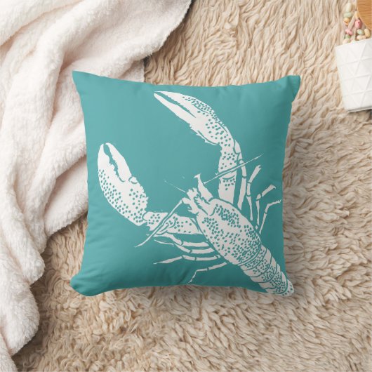 ティール（緑がかった色）ブルーとホワイトロブスターイラストレーション クッション (ブランケット)