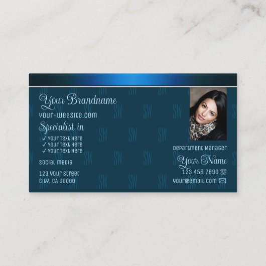 ティール（緑がかった色）ブルーとロゴ写真とモノグラムパターン 名刺 (裏面)