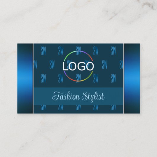 ティール（緑がかった色）ブルーとロゴ写真とモノグラムパターン 名刺 (正面)