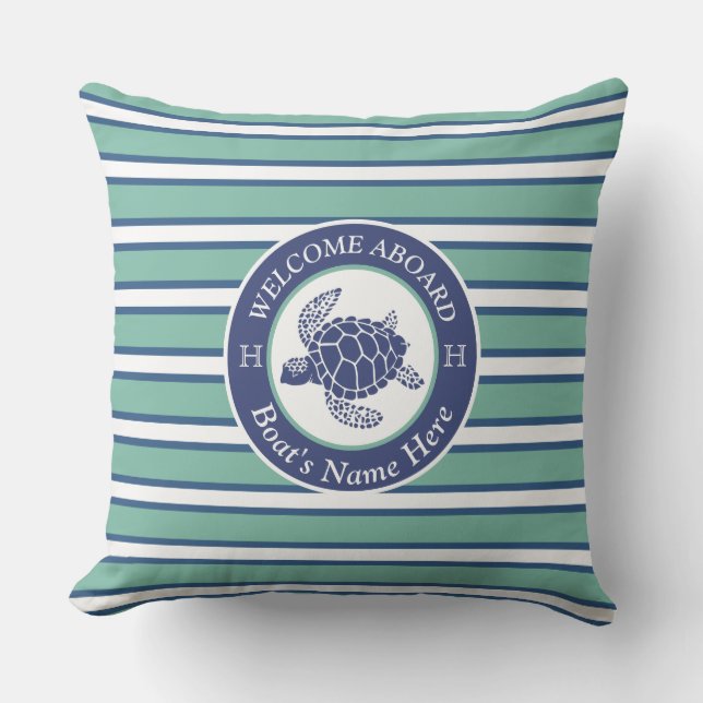 ティール（緑がかった色）ブルーと白ストライプのウミガメ アウトドアクッション (正面)