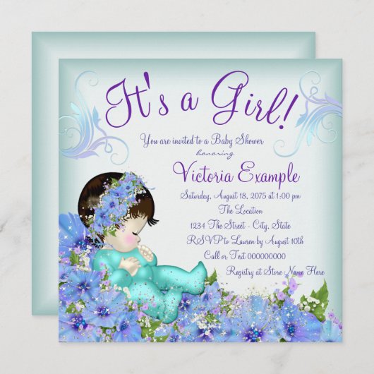 ティール（緑がかった色）ブルーと紫の赤ちゃんシャワー 招待状 (正面/裏面)