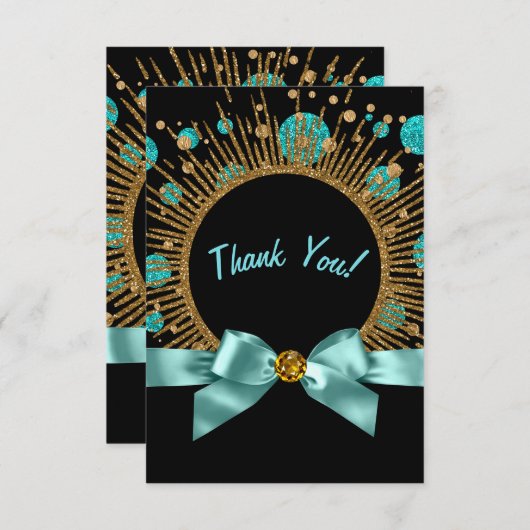 ティール（緑がかった色）ブルーと金ゴールドありがとう サンキューカード (正面/裏面)