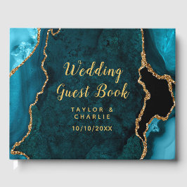 ティール(緑がかった色)ブルーと金ゴールドアガテマーブル結婚ズ ゲストブック