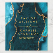 ティール(緑がかった色)ブルーと金ゴールドアガテマーブル結婚ズ ワインラベル (シングルラベル)