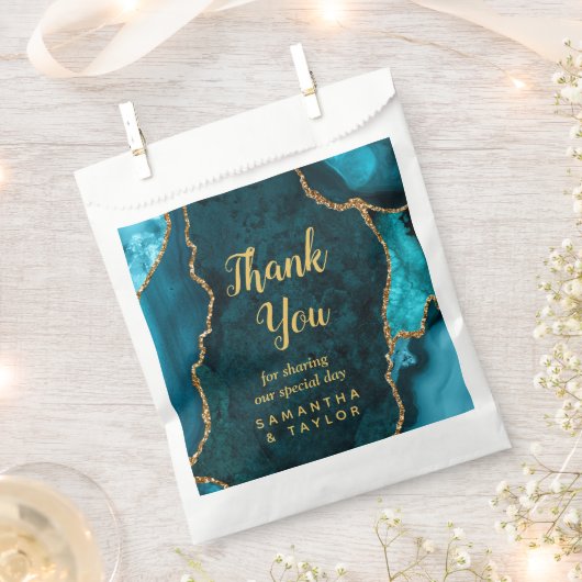 ティール（緑がかった色）ブルーと金ゴールドアゲート結婚トの感謝 フェイバーバッグ (クリップ留めされた状態)