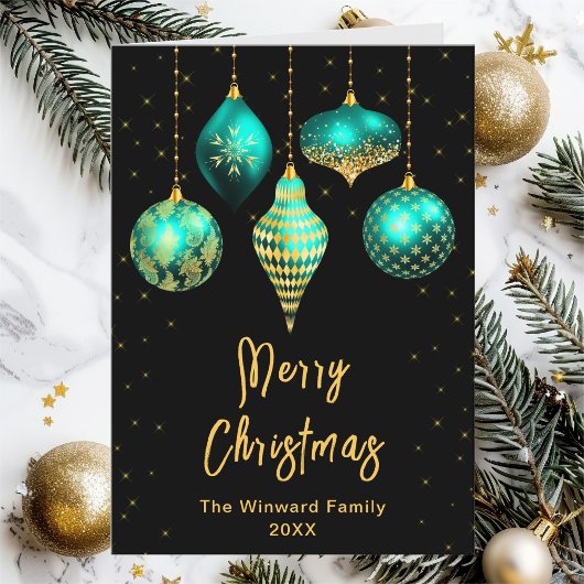 ティール（緑がかった色）ブルーと金ゴールドオーナメントメリークリスマス シーズンカード