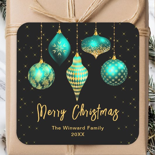 ティール（緑がかった色）ブルーと金ゴールドオーナメントメリークリスマス スクエアシール