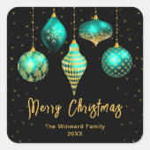 ティール（緑がかった色）ブルーと金ゴールドオーナメントメリークリスマス スクエアシール (正面)