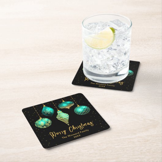 ティール(緑がかった色)ブルーと金ゴールドオーナメントメリークリスマス スクエアペーパーコースター (インサイチュ)