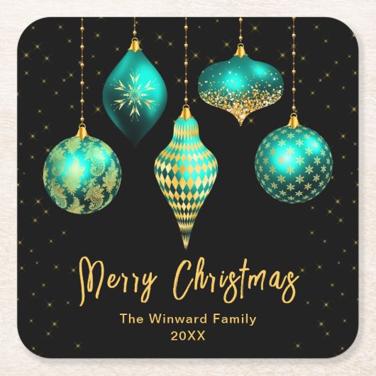 ティール(緑がかった色)ブルーと金ゴールドオーナメントメリークリスマス スクエアペーパーコースター (正面)