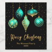 ティール（緑がかった色）ブルーと金ゴールドオーナメントメリークリスマス ワインラベル (シングルラベル)