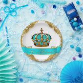 ティール（緑がかった色）ブルーと金ゴールドクラウンプリンスベビーシャワー ペーパープレート (パーティー)