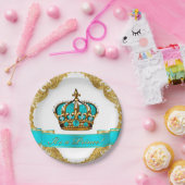 ティール（緑がかった色）ブルーと金ゴールドクラウンプリンスベビーシャワー ペーパープレート (パーティー)