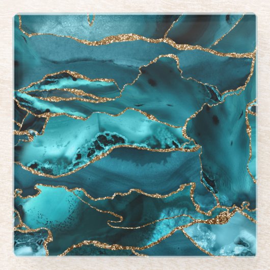 ティール（緑がかった色）ブルーと金ゴールドグリッターアゲート ガラスコースター (正面)