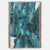 ティール(緑がかった色)ブルーと金ゴールドグリッターアゲート スローブランケット (正面縦)