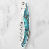 ティール（緑がかった色）ブルーと金ゴールドグリッターアゲート ソムリエナイフ (正面)