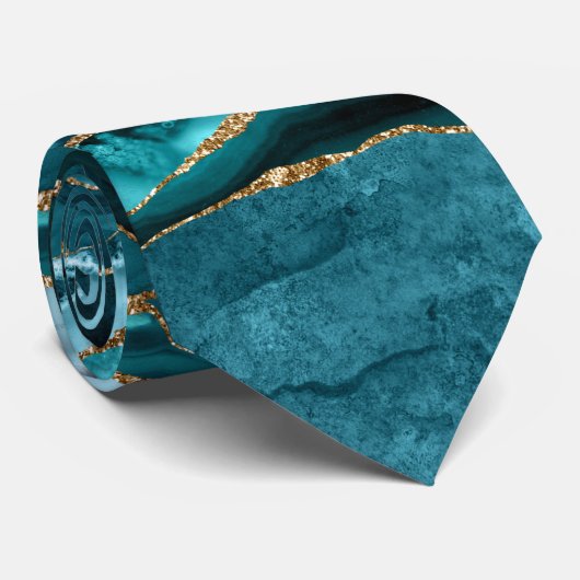 ティール(緑がかった色)ブルーと金ゴールドグリッターアゲート ネクタイ (ロール)