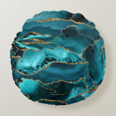 ティール(緑がかった色)ブルーと金ゴールドグリッターアゲート ラウンドクッション (正面)