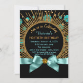 ティール（緑がかった色）ブルーと金ゴールドグリッター女性40th誕生日 招待状 (裏面)