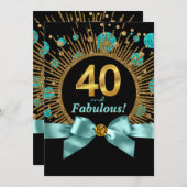 ティール（緑がかった色）ブルーと金ゴールドグリッター女性40th誕生日 招待状 (正面/裏面)