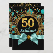 ティール（緑がかった色）ブルーと金ゴールドグリッター女性50誕生日 招待状 (正面/裏面)