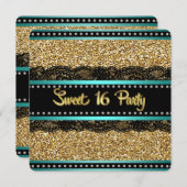 ティール(緑がかった色)ブルーと金ゴールドスウィート16バースデーパーティー 招待状 (正面/裏面)